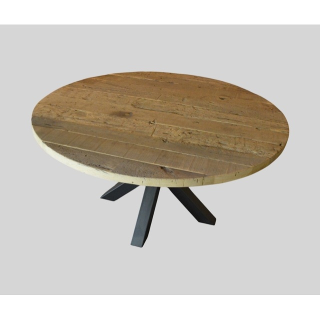 Ronde eettafel van oude eiken wagonplanken